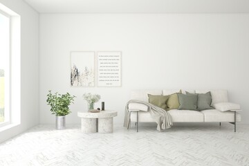 White living room with sofa. Scandinavian interior design. 3D illustration