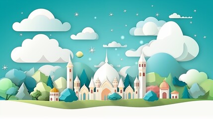 mosque in paper cutting style 3D illustration. Ramadan kareem and eid fitr islamic concept background for greeting card and flyer. colorful pastel color.
