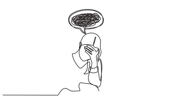 Continuous one line animation. Hand drawn animated motion graphic element of a confused woman worried about mental health. Concept of problems, failure, stress, sadness, heartbreak and depression. 4k 