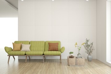 White living room with sofa. Scandinavian interior design. 3D illustration