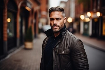 Portrait of a handsome man in a leather jacket on a city street. - obrazy, fototapety, plakaty