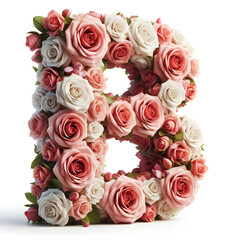 The letter B is made out of rose flowers, the Rose Alphabet, and Valentine Designs, on a White background, isolated on white, photorealistic 
