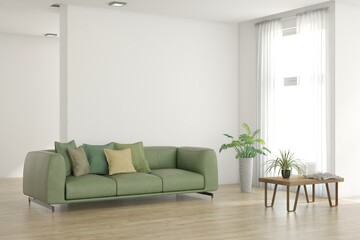 White living room with sofa. Scandinavian interior design. 3D illustration