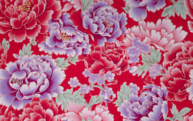 Floral fabric. Red Chinese flower pattern.