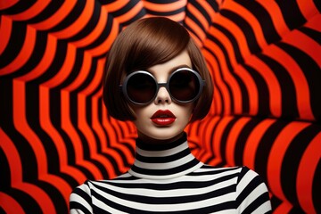 A model with a straight haircut and round sunglasses against a red and black striped background