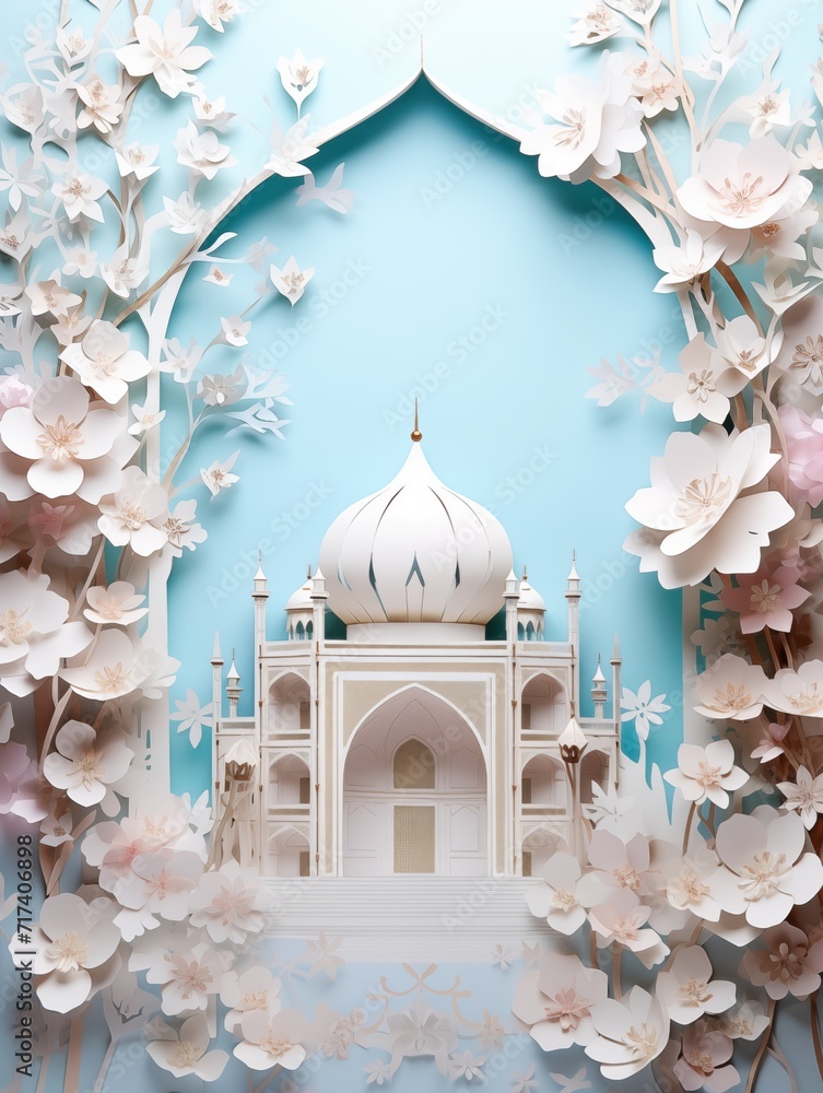 Wall mural mosque and blossom flowers in paper cutting style 3d illustration. ramadan kareem and eid fitr islam