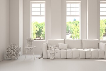 Grey living room concept with sofa and summer landscape in window. Scandinavian interior design. 3D illustration