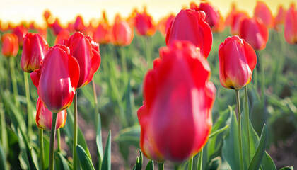 Amazing red tulip flowers blooming in a tulip field, against the background of blurry tulip flowers in the sunset light.