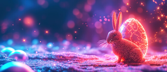 Techno Easter Bunny rabbit and egg, glowing futuristic stile with bright neon lights, mixing tradition with high-tech fun. AI generated - obrazy, fototapety, plakaty