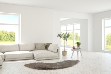 Contemporary classic white interior with furniture and decor and summer landscape in window. Scandinavian interior design. 3D illustration