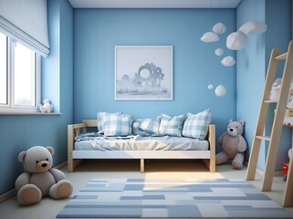 a child’s bedroom features a cozy atmosphere with a blue color scheme, bed, bookshelf and stuffed animals. Perfect for a child’s imagination to run wild