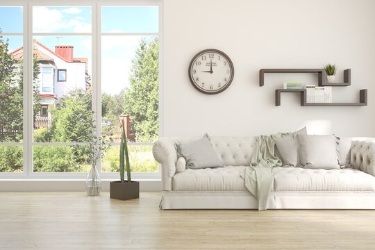 Contemporary classic white interior with furniture and decor and summer landscape in window. Scandinavian interior design. 3D illustration