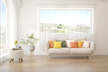 White living room with sofa and summer landscape in window. Scandinavian interior design. 3D illustration