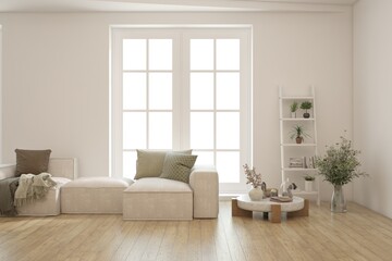 White living room with sofa. Scandinavian interior design. 3D illustration