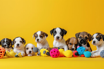 A group of puppies with toys on a yellow background. - obrazy, fototapety, plakaty