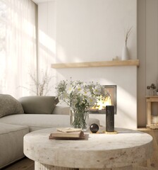 Depth of field white living room with sofa and white flower in focus. Scandinavian interior design. 3D illustration