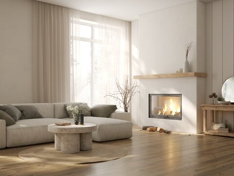 White modern interior design with sofa, fireplace and big window. Scandinavian interior design. 3D illustration
