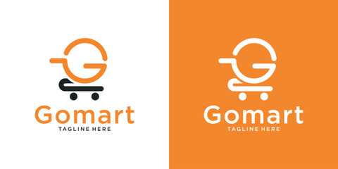 G letter logo design with shopping trolley icon combination. Go mart logo, shopping logo, trademark, online shopping