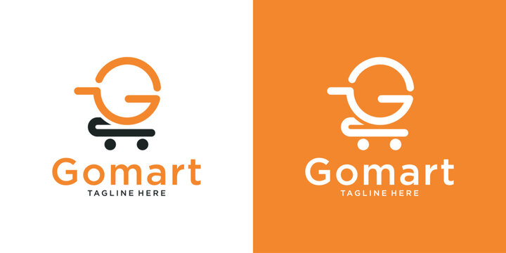 G letter logo design with shopping trolley icon combination. Go mart logo, shopping logo, trademark, online shopping
