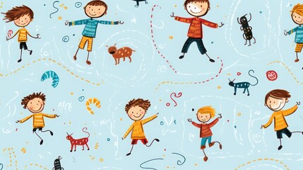 Sketch illustration of children playing, with a blue background and abstract lines and cats.