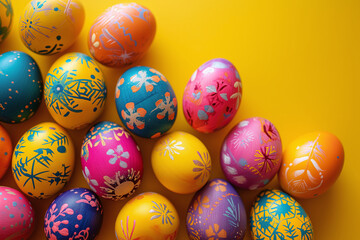 Fototapeta na wymiar Many Easter eggs on a yellow background.