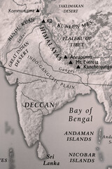 Close up view of vintage Indian subcontinent map in monochrome.