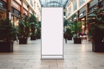 Empty advertising stand in mall's central aisle with greenery