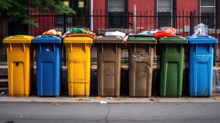 The trash cans on the sidewalk are different colors to separate the types of trash that will be put in. - obrazy, fototapety, plakaty