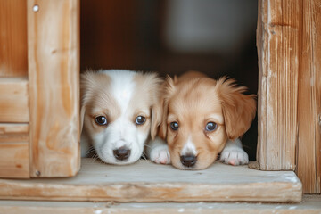 A pair of puppy dogs lying together on a door frame.