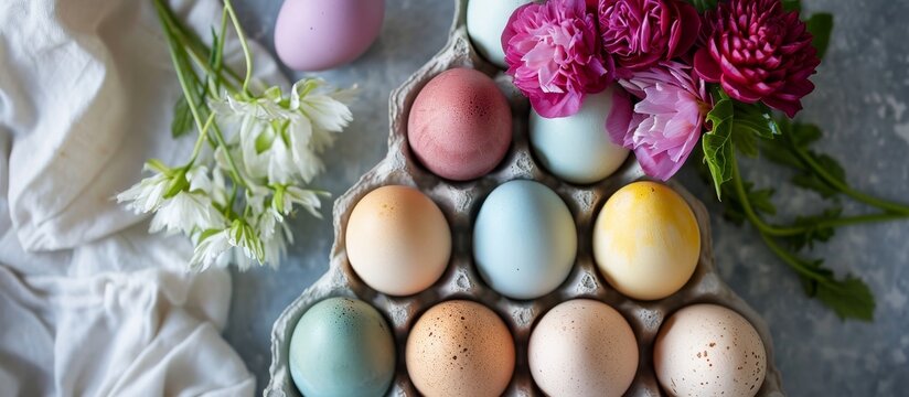 Naturally dyed eggs made at home with ingredients like red cabbage, onion, spinach, berries, turmeric, and coffee.