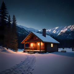 Fototapeta premium Cabin in the Snowy Mountains at Night
