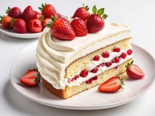 A strawberry cake adorned with cream, showcased on a white background by ai generated