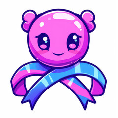 cute cartoon character for cancer awareness, isolated white background. world cancer day mascot with blue and pink ribbon perfect for awareness posters and educational content