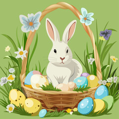 Easter bunny rabbit in basket with Easter eggs. Happy Easter banner. Concept of Easter egg hunt