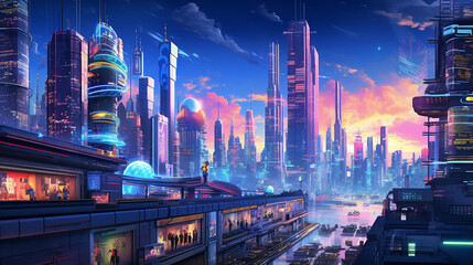 futuristic anime cityscape. detailed anime-style depiction of futuristic cityscape, with neon lights