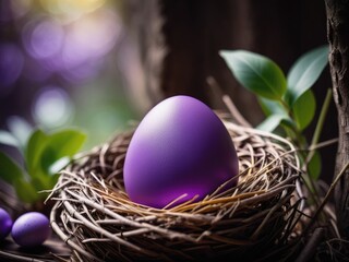 Obraz premium A vibrant egg nestled in a nest, accompanied by another egg with a purple hue inside by ai generated
