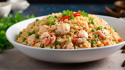 irresistible appeal of the crab fried rice on the white plate, enticing the senses and leaving the reader yearning for a taste of this delicious creation