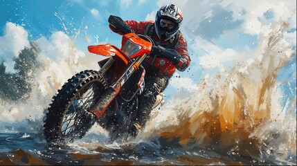 motocross adventure rider crossing a river, 