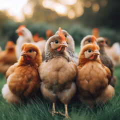 a group of chickens standing on top of a lush green field chickens