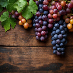 A bunch of grapes, macro shot on a wooden surface. copy space . generative AI