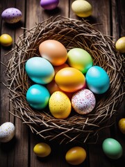 Fototapeta na wymiar Vibrantly colored Easter eggs nestled inside a nest placed on a wooden table by ai generated