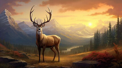 serene image of mountain landscape at dawn with deer grazing in the meadows and eagle soaring above.