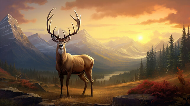 serene image of mountain landscape at dawn with deer grazing in the meadows and eagle soaring above.