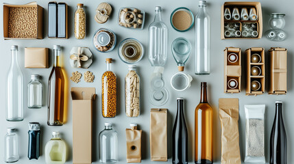 Variety of glass bottles and jars on display for packaging showcase.
