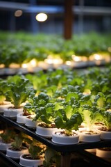 High-yield hydroponic lettuce farm with LED grow lights, Generative AI