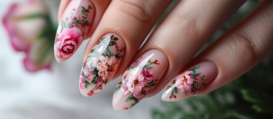 Gel polish covers the nails with flower art, caring for hands and adding a touch of sensuality.