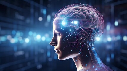 Obraz premium Robot with Hologram Brain Analyzes Big Data. Futuristic Mind Interface. Neon Circuitry. AI Generated