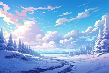 Anime-style winter landscape with sky. Generative AI