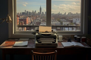 Office with Brooklyn view, vintage typewriter. Generative AI