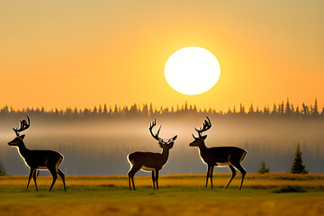 Silhouette of a deer in sunset. Generative AI